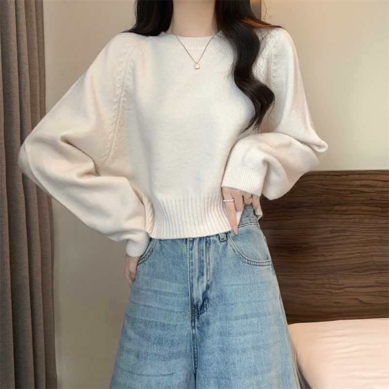 Round Neck Soft Sweater for Women, Spring and Autumn 2026 New Style, Lazy Loose Fit, Slimming Pullover, Long Sleeve Short Knit Top
