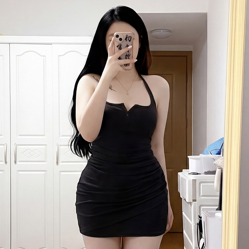 Plus Size Sexy Halter Neck Spaghetti Strap Dress Plus Size Women's Clothing Bodycon Skirt Waist Slimming Ruched Black Mini Skirt