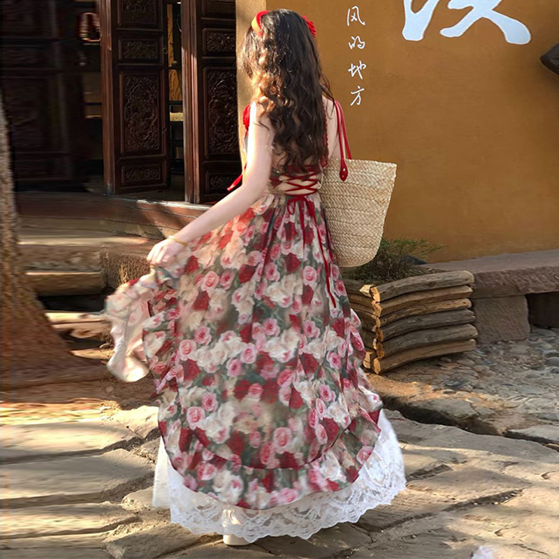 Plus-Size Fat Girl Oil Painting Vacation Spaghetti Strap Dress Women's Summer Irregular Elegant Long Dress Slimming and Atmospheric