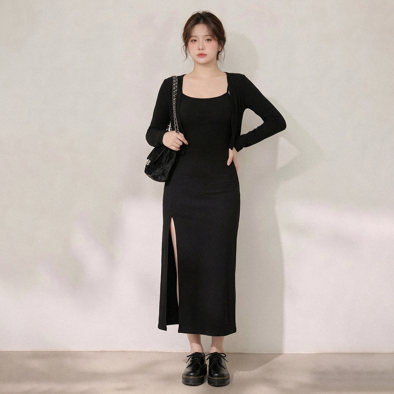 Plus Size Sexy Hot Girl Backless Slit Mid-Length Slip Dress Women's Slim Fit Bodycon Long Dress