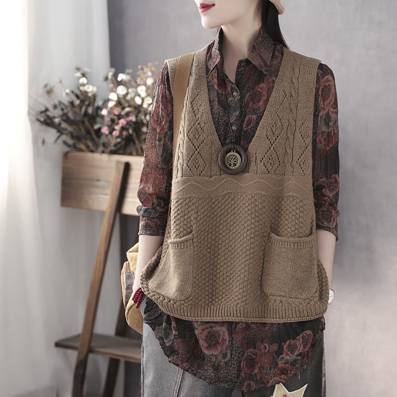 Vintage Artistic Spring and Autumn Knitted Vest for Women, Loose Fit, V-Neck, Double Pocket Knitwear, Tank Top Set