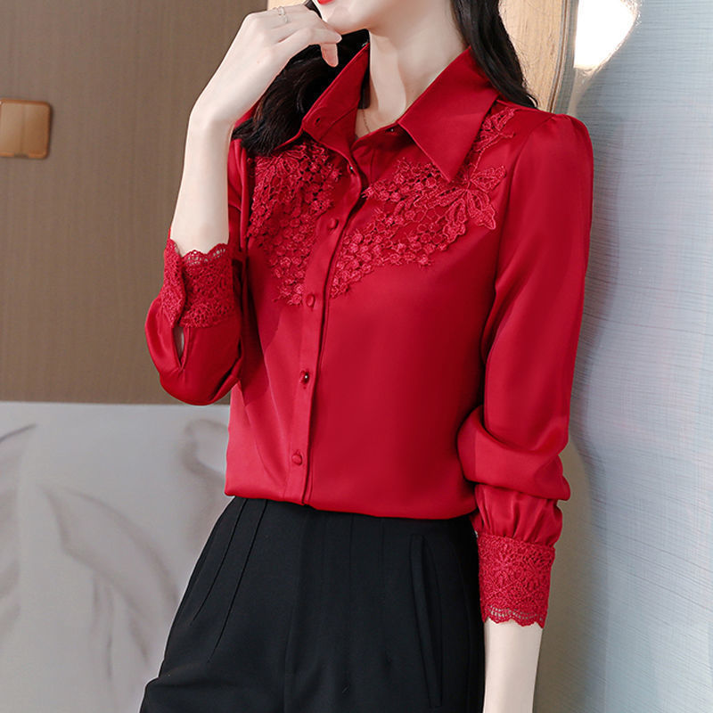 Long-Sleeved Spring Outfit, High-End New Style Women's Lace Top, Spring-Style Satin Red Shirt with Pocket Scarf