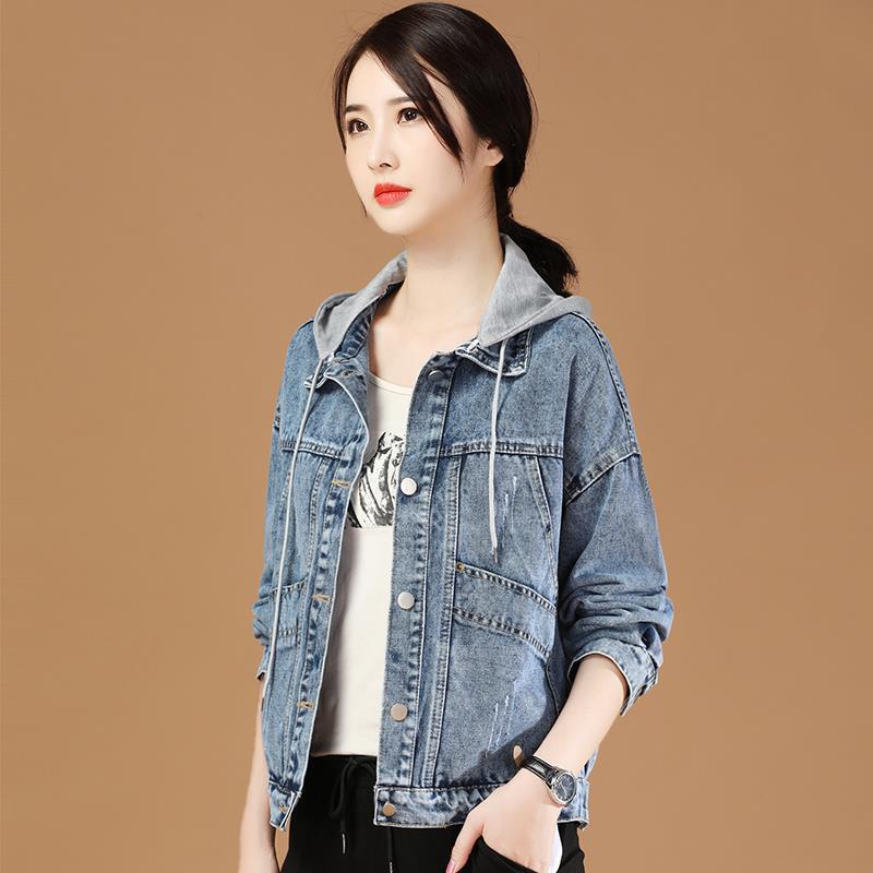 Korean Style Casual Hooded Denim Short Jacket for Women, Loose Korean Version Bf Spring and Autumn New Jacket Top with Face Mask