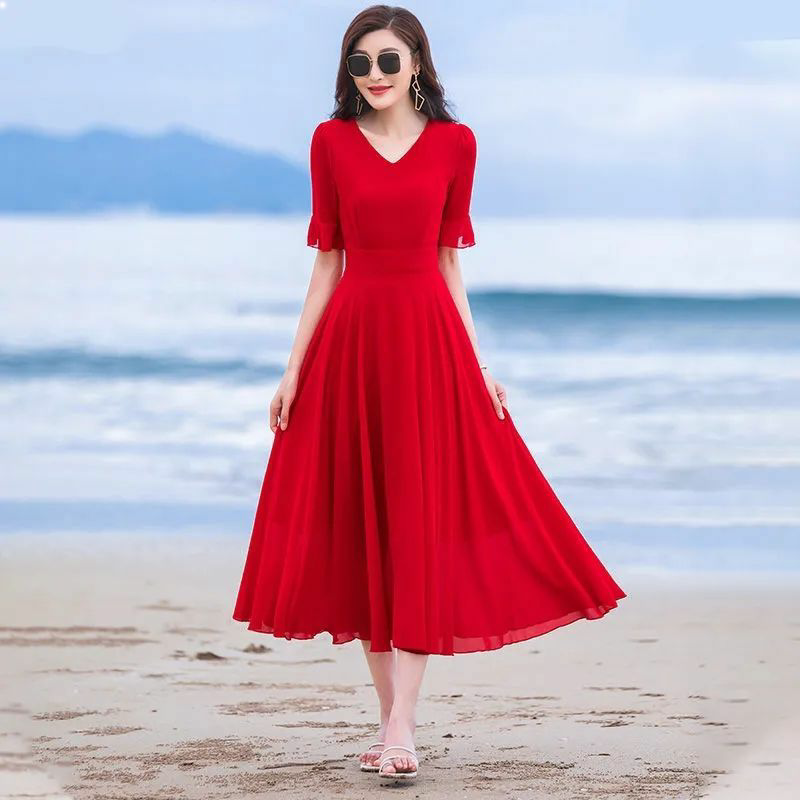 Red Mid-Length Chiffon Dress with a Large Hem for Dancing, Plus Size Long Dress, Over-The-Knee Vacation Beach Dress for Women Red Mid-Length Chiffon Dress with a Large Hem for Dancing, Plus Size Long Dress, Over-The-Knee Vacation Beach Dress for Women