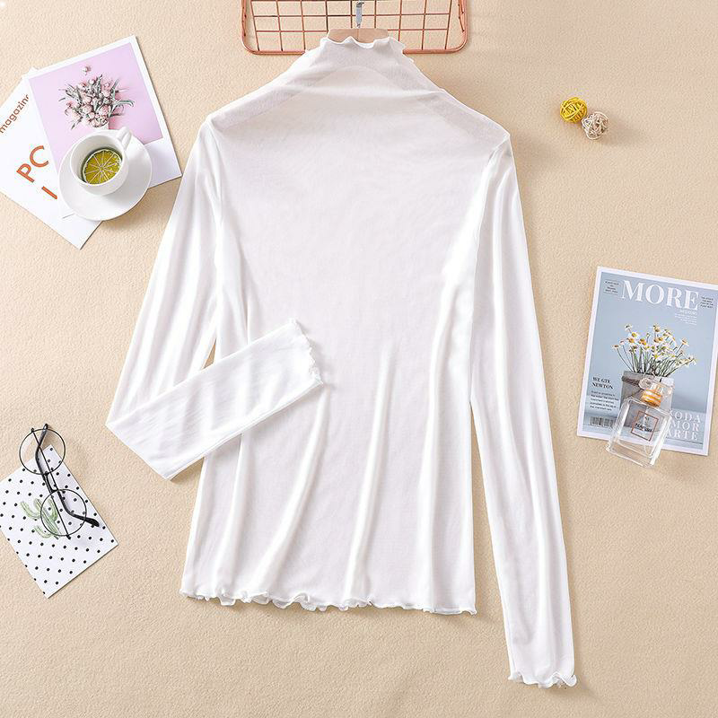 Thin Sunscreen Ice Silk T-Shirt for Women, Long-Sleeved Spring and Summer New Mesh Bottoming Shirt, Fashionable Pure Color Inner Top, Good-Looking