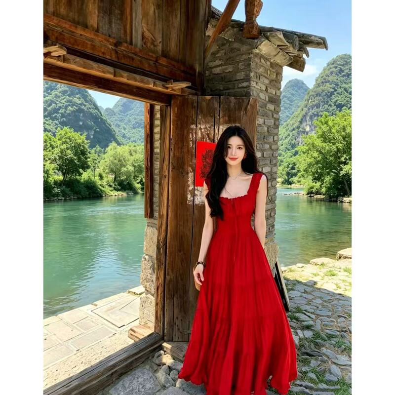 Beautiful Summer Island Vacation Red Spaghetti Strap Dress Seaside Long Dress Sexy Waist-Cinching Sanya Beach Unique Beautiful Summer Island Vacation Red Spaghetti Strap Dress Seaside Long Dress Sexy Waist-Cinching Sanya Beach Unique