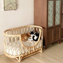 Rattan pet bed hand-woven dog sofa cat princess bed ins photo Japanese rattan bed cat nest kennel