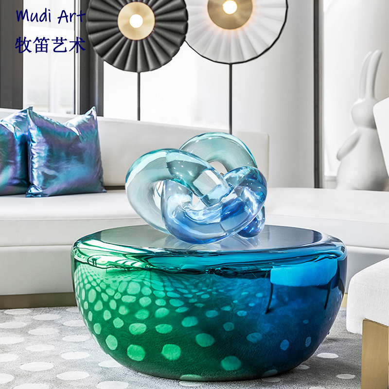 SAMPLE HOUSE DISPLAY CENTER GLASS FIBER COLOR BLUE GREEN SPRAY PLATED TEA TABLE PROFILED ROUND SIDE SEVERAL-LIKE BOARD ROOM LIVING-ROOM LIGHT EXTRAVAGANT
