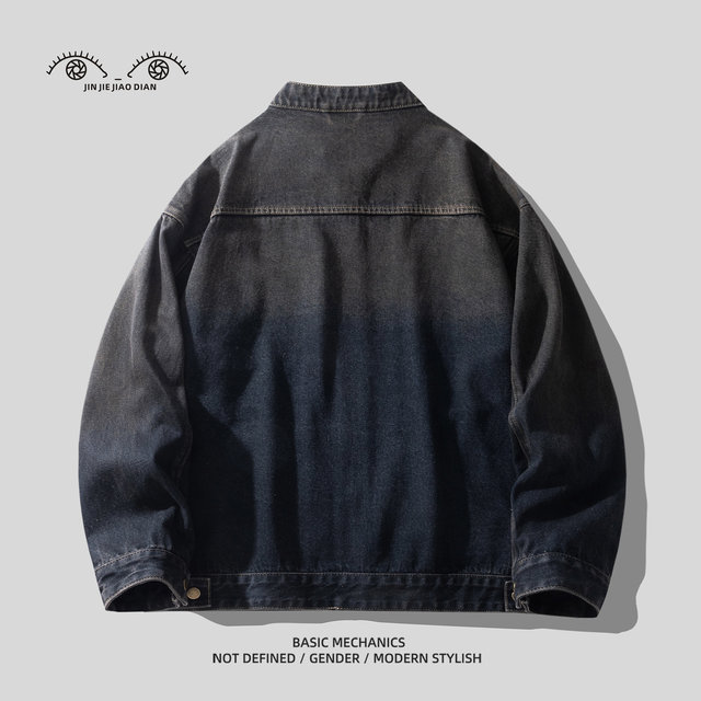 European and American High-End Heavy-Duty Distressed Washed Motorcycle Stand-Collar Denim Jacket for Men, Spring and Autumn American-Style Workwear Jacket for Men