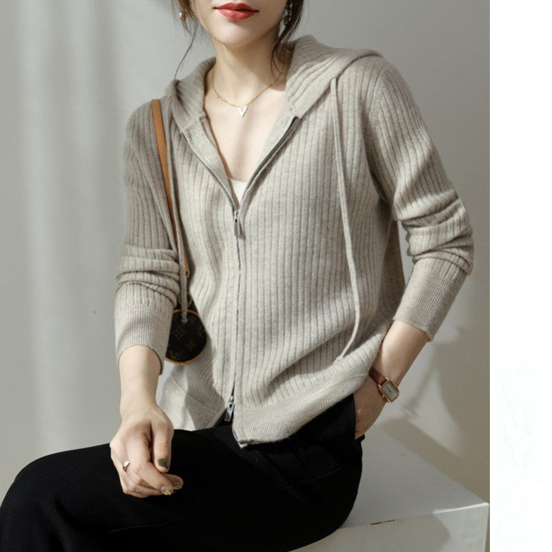 High-end Zhihe 2022 autumn and winter new icicle pure wool cardigan zipper hooded sweater jacket thin section