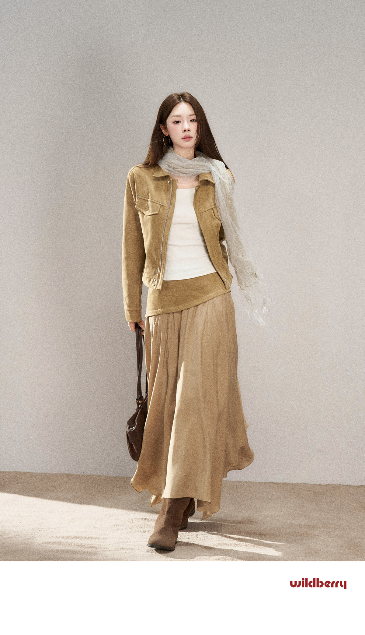 Wildberry Khaki Asymmetrical High-Waist Midi Skirt