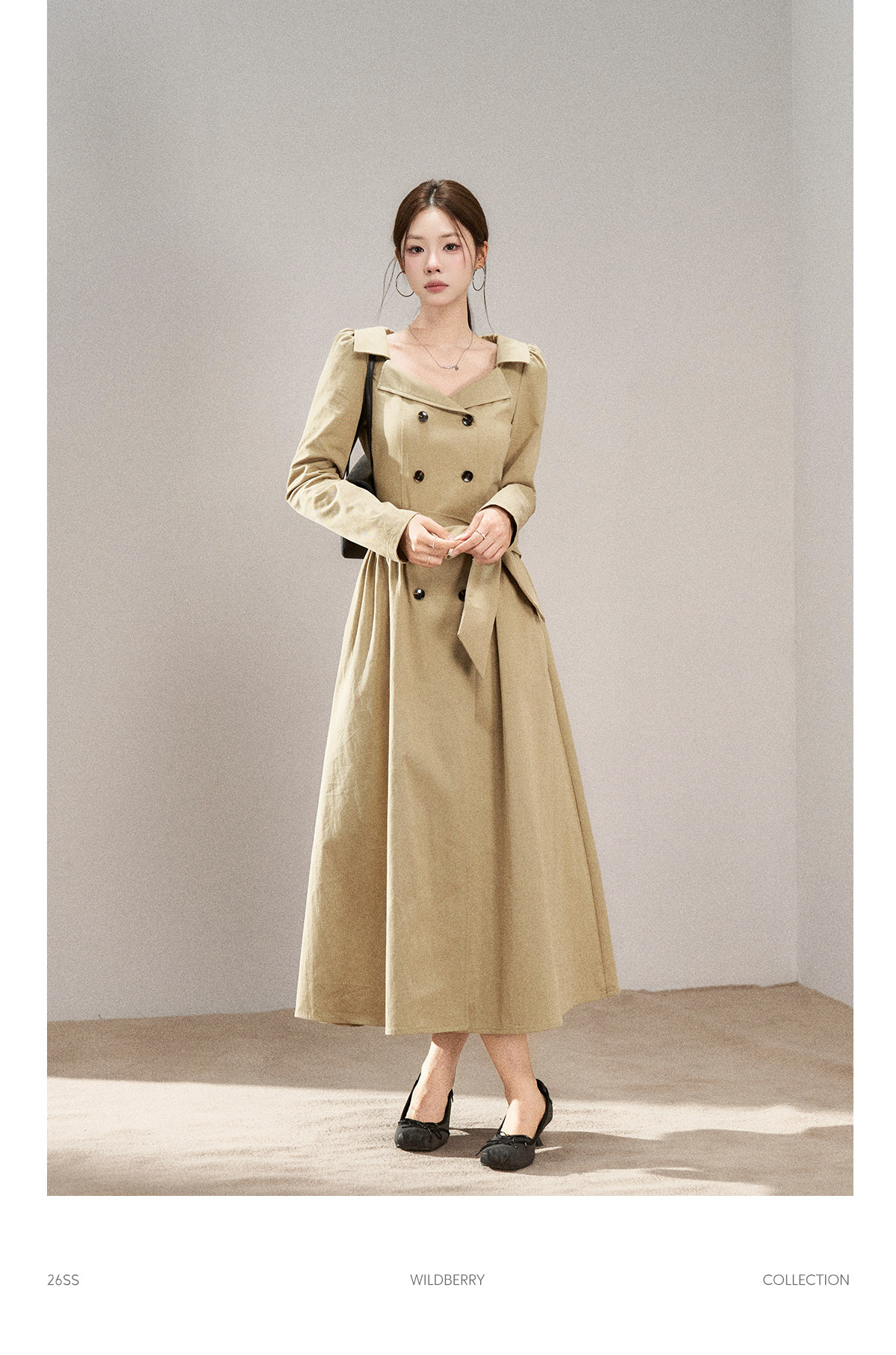 Wildberry Khaki Trench-Style Belted Midi Dress