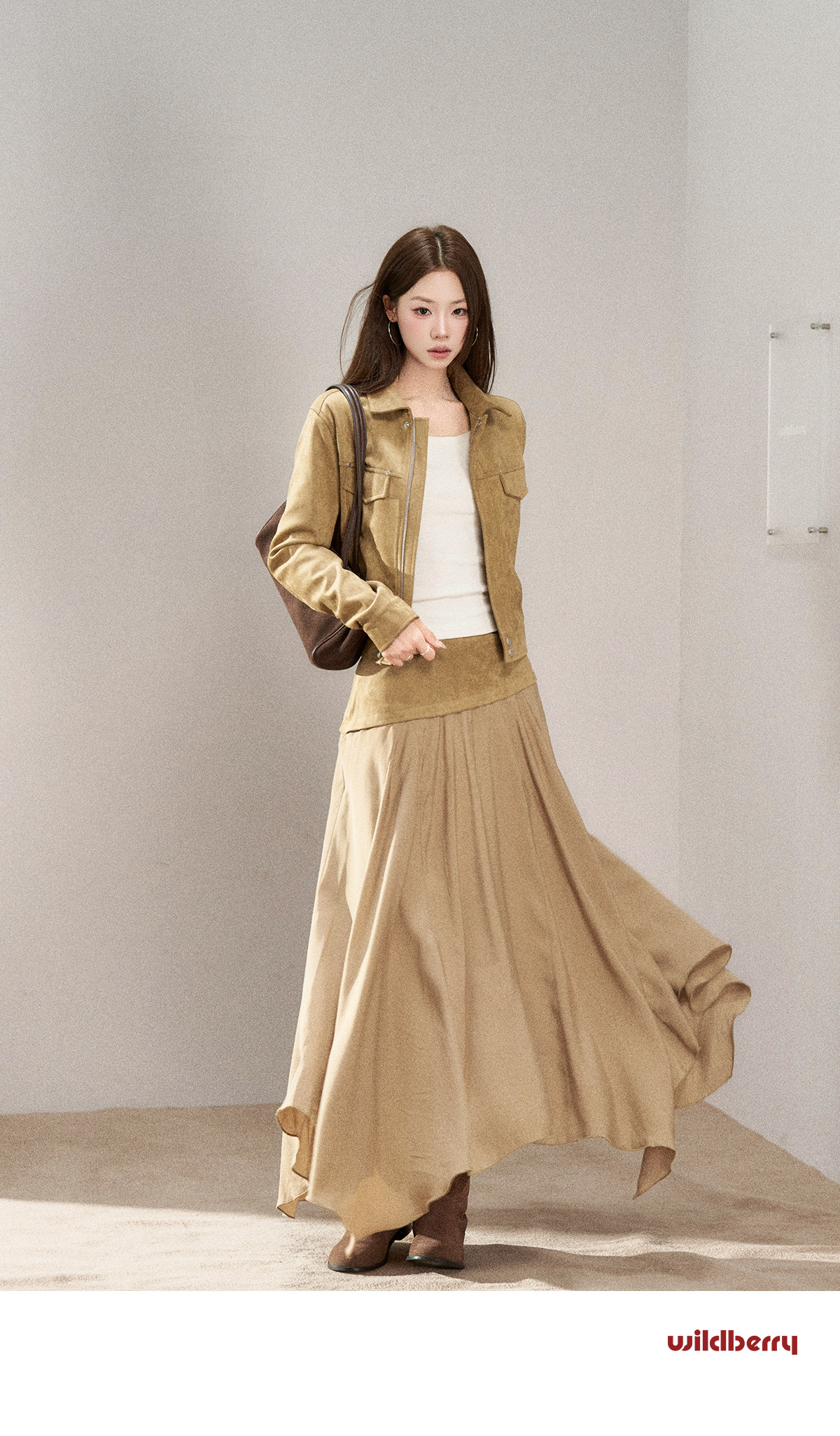 Wildberry Khaki Asymmetrical High-Waist Midi Skirt