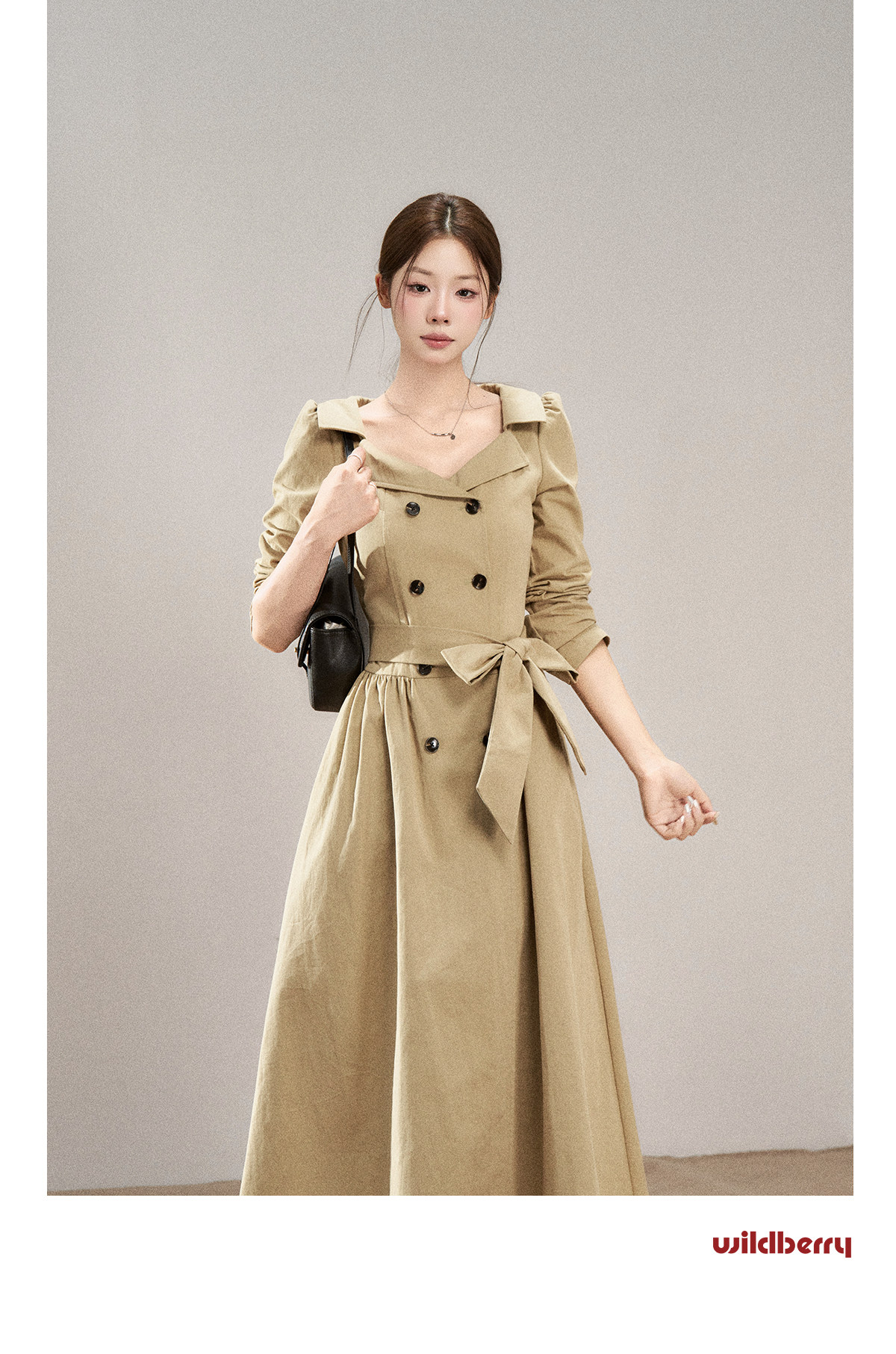 Wildberry Khaki Trench-Style Belted Midi Dress