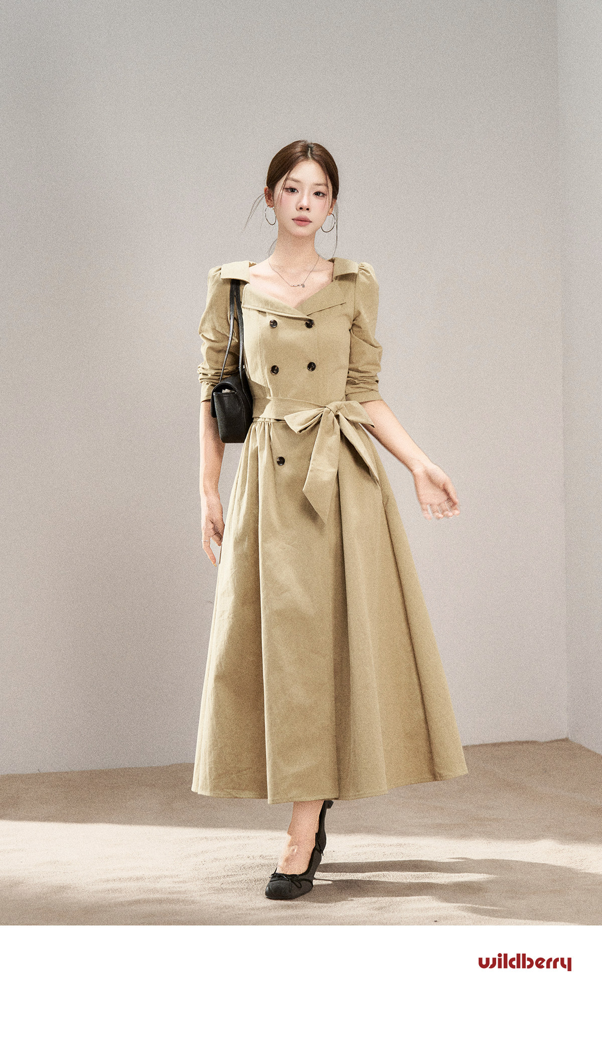 Wildberry Khaki Trench-Style Belted Midi Dress