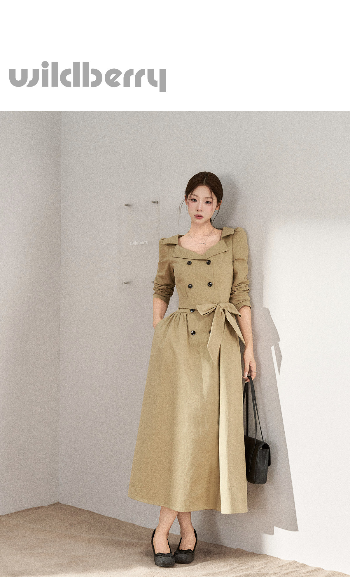 Wildberry Khaki Trench-Style Belted Midi Dress