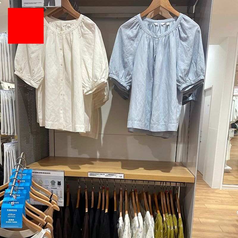 Youu New Women's Linen Blend Printed Puff Sleeve Shirt Short-Sleeved Shirt Pleated Top 475655/477604