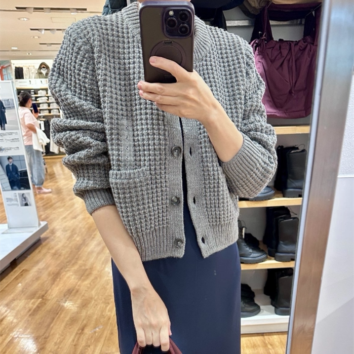 Youyixin Autumn and Winter Women's Waffle Round-Neck Knitted Cardigan Sweater Casual Loose Versatile Jacket 479676