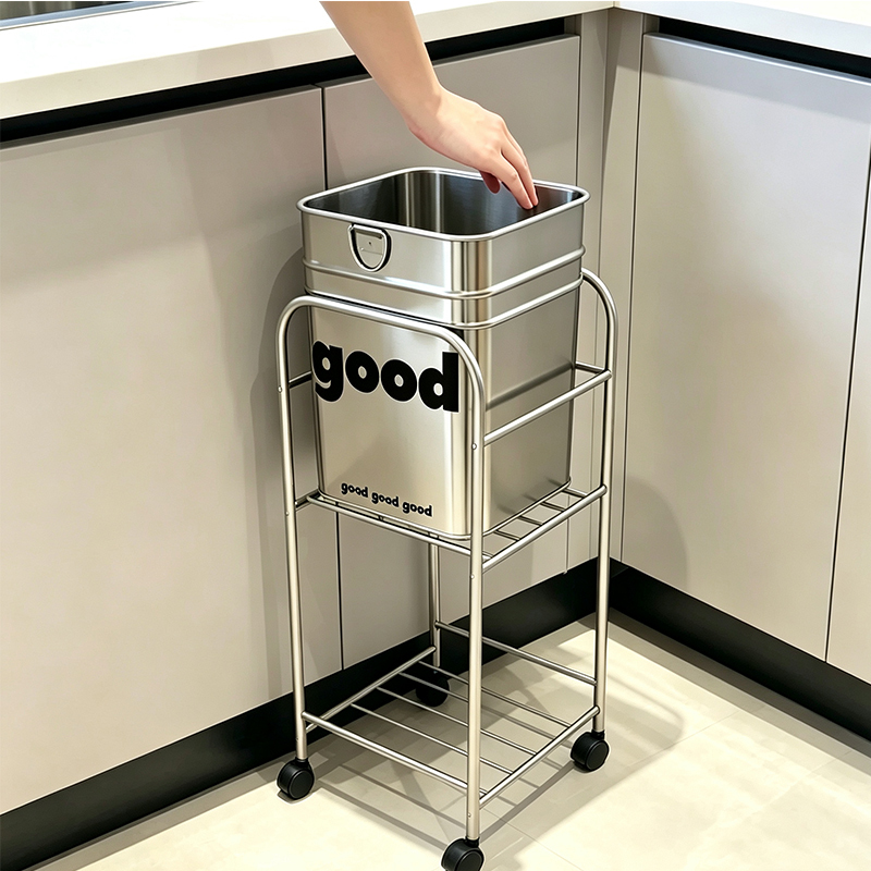 Stainless Steel Creative Wheeled Trash Can for Home Use, Cart-Style, High Aesthetic Value, Kitchen-Friendly, No Need to Bend Over, Creative Design, Lidless, Large Capacity