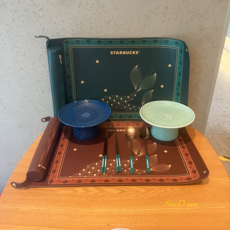 2026 Starbucks Mid-Autumn Festival Mooncake-Themed Tableware Set: High-Footed Ceramic Dessert Plate, Spoon, Chopsticks, Heat-Resistant Placemat, Storage Set