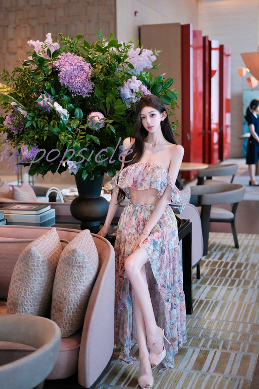 Little Popsicle Ice Cream Princess Rococo Print Chiffon Elastic Tube Top Slit Long Skirt Set Little Popsicle Ice Cream Princess Rococo Print Chiffon Elastic Tube Top Slit Long Skirt Set