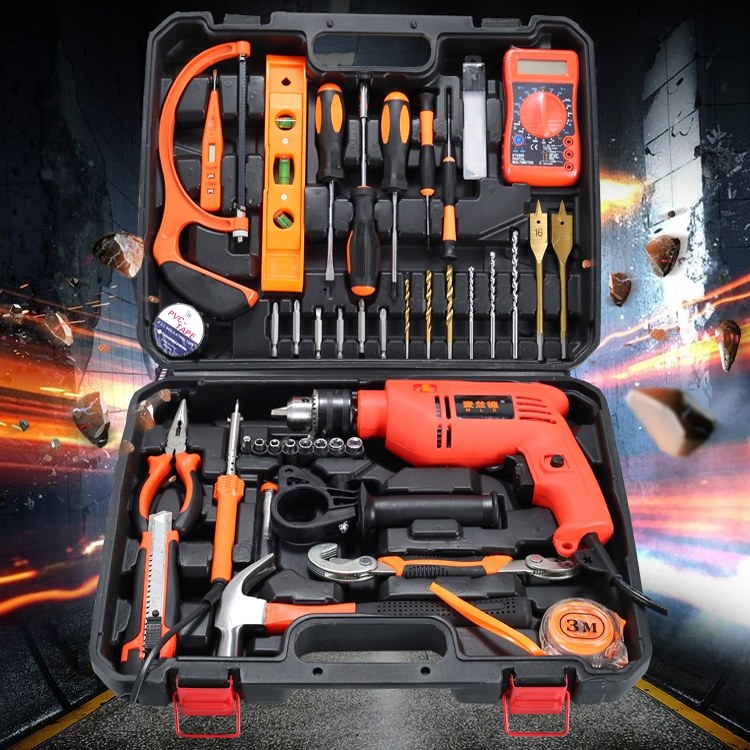 Household electric drill set hardware toolbox power tool set electric drill percussion drill combination set hand tool