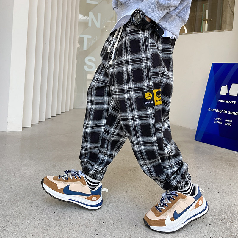 Boys' pants spring and autumn style middle boy autumn children's plaid loose legging long pants trend handsome fashionable autumn wear