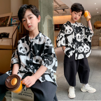 Child Clothing Summer Loaded Panda Shirt Boy Summer Suit CUHK Child Handsome Black Short Sleeve Shirt Boy Tide
