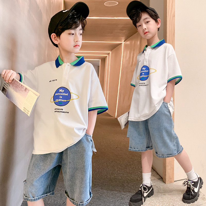 Fried street children's clothes boys' set summer summer cool handsome 2022 new style big boy polo shirt boy foreign pie