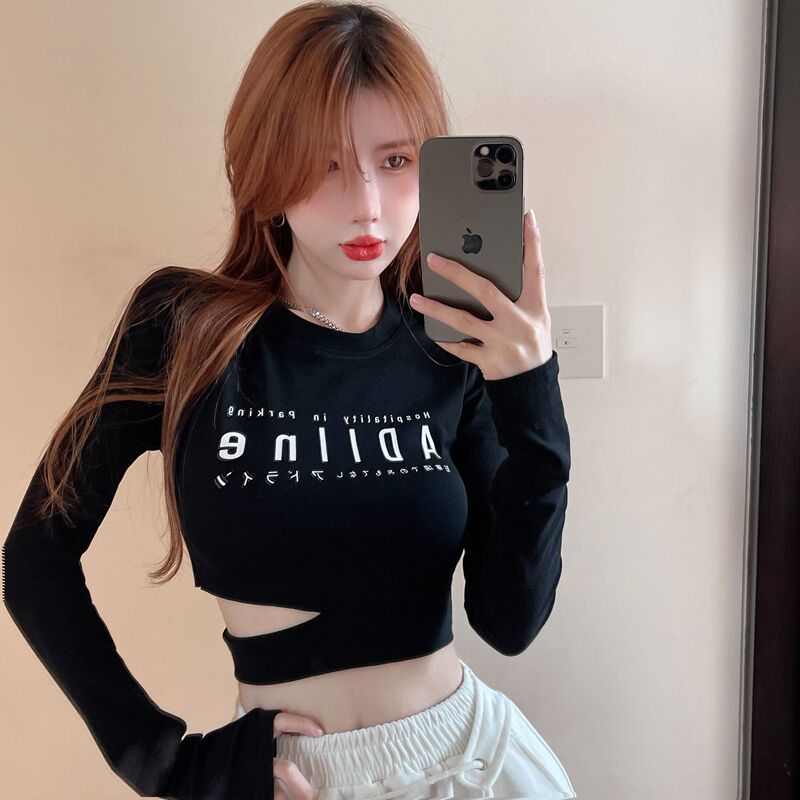 Tight-Fitting, Pure and Alluring, Hollow-Out, Slimming, Hot Girl Letter Print Long-Sleeve T-Shirt for Women, Autumn Slim-Fit Short Crop Top