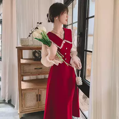 Toast clothes can usually wear 2021 new bridal wine red engagement dress summer mesh dress back