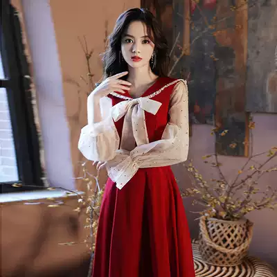 Toast clothing can usually wear 2021 new bridal wine red engagement dress long sleeve Thank you banquet back door mesh