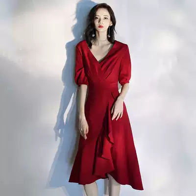 Toast clothes can usually wear 2021 new bridal wine red engagement dress small woman back to the door