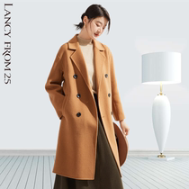Langzi 2022 autumn and winter new pure wool double-sided woolen temperament mid-length over-the-knee double-breasted woolen coat coat