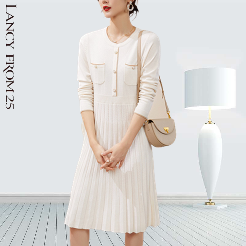 Langzi 2022 autumn and winter new wool knitted dress mid-length bottoming waist temperament A-shaped pleated skirt