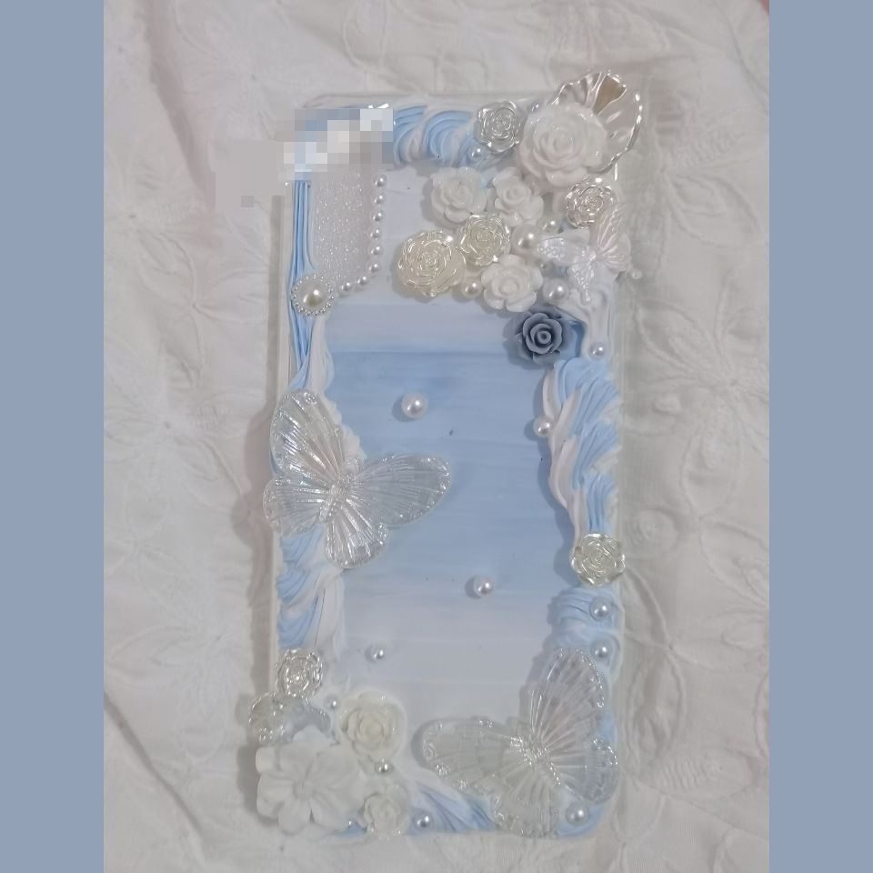 Cream glue mobile phone protective case finished elegant fairy blue and white butterfly handmade cute fairy any model net red new