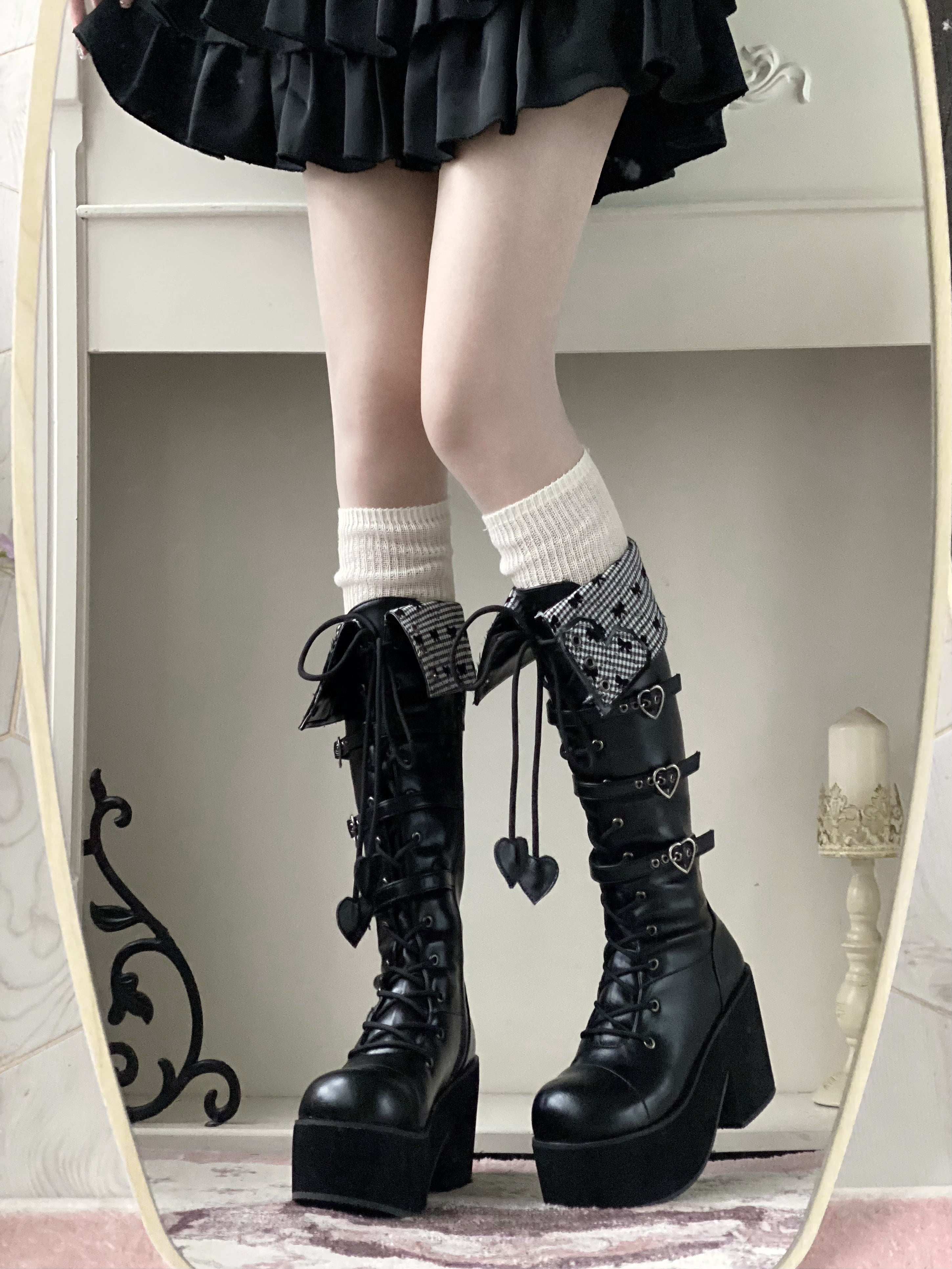 Обувь 定金|焦糖可可二团|白茶入梦原创蝴蝶结甜美高帮靴厚底圆头中长靴