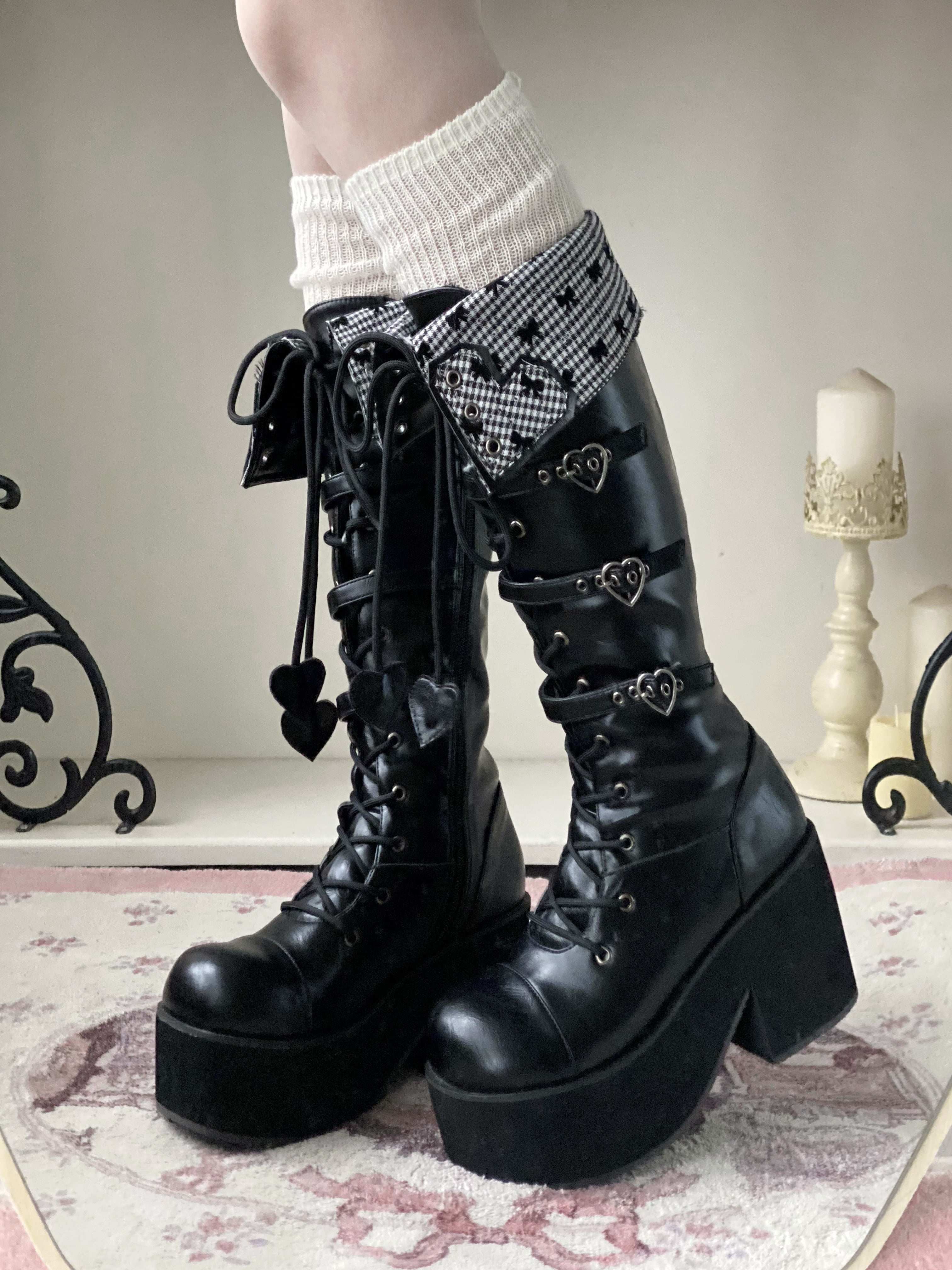 Обувь 定金|焦糖可可二团|白茶入梦原创蝴蝶结甜美高帮靴厚底圆头中长靴