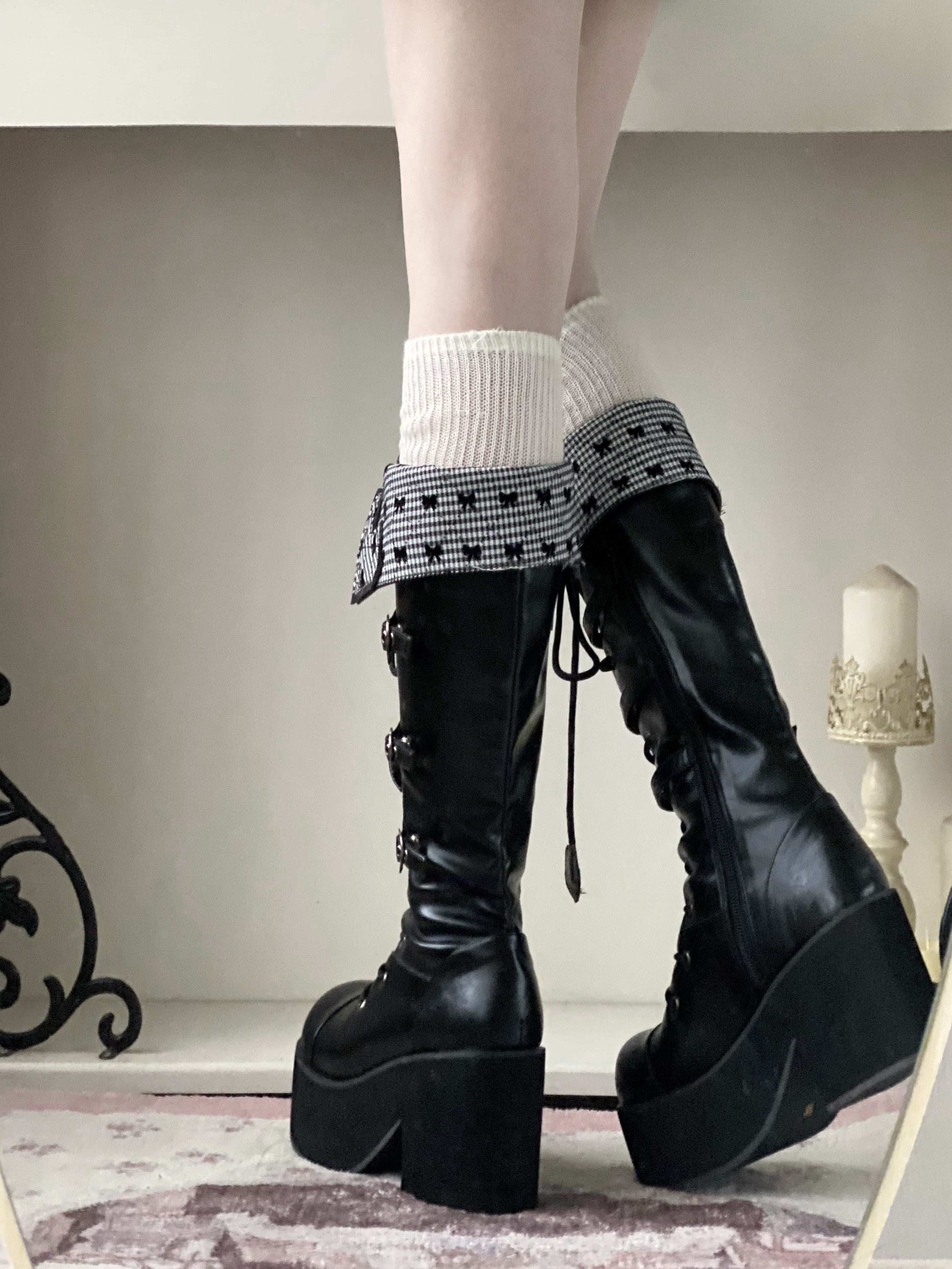 Обувь 定金|焦糖可可二团|白茶入梦原创蝴蝶结甜美高帮靴厚底圆头中长靴