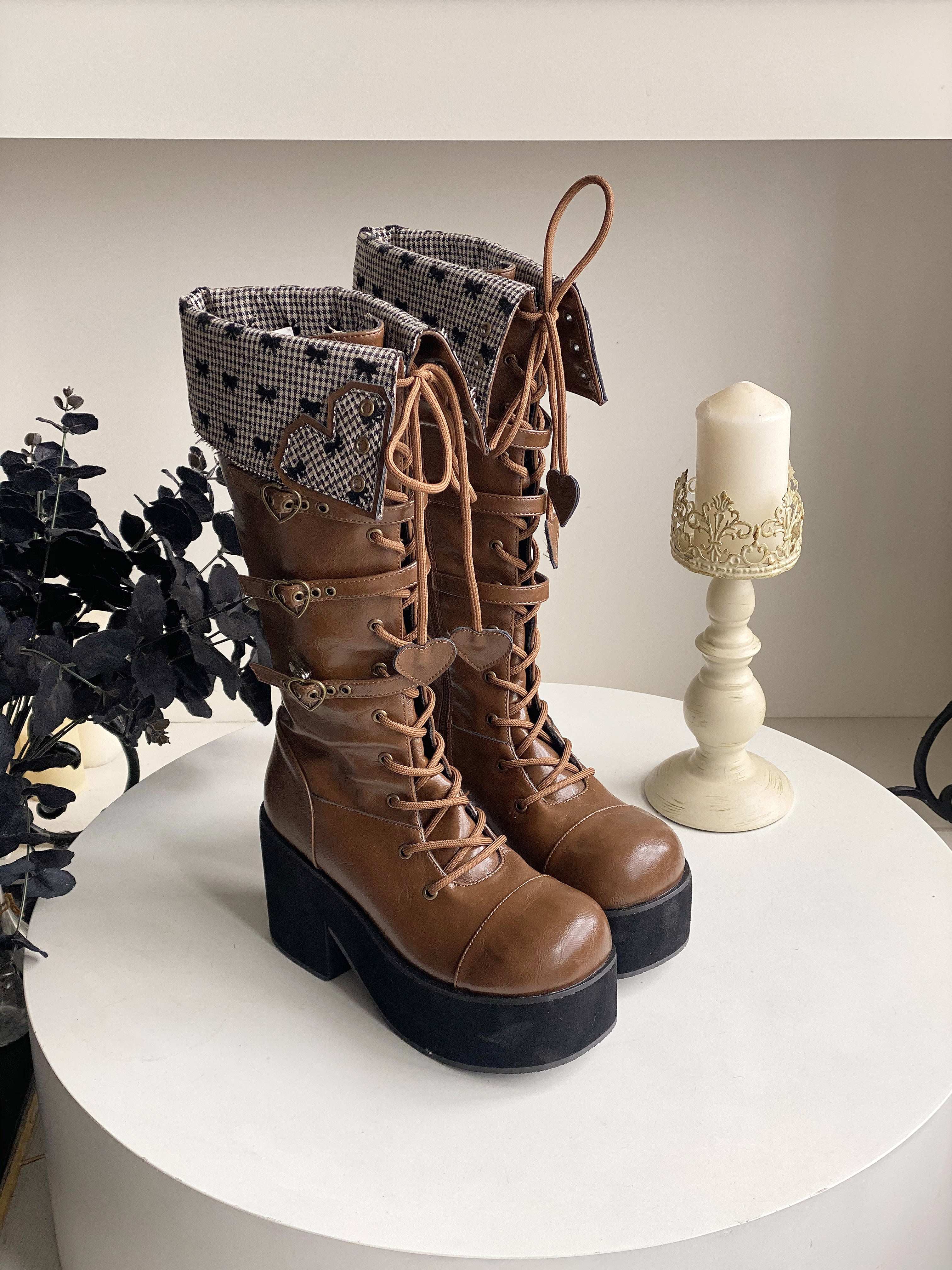 Обувь 定金|焦糖可可二团|白茶入梦原创蝴蝶结甜美高帮靴厚底圆头中长靴