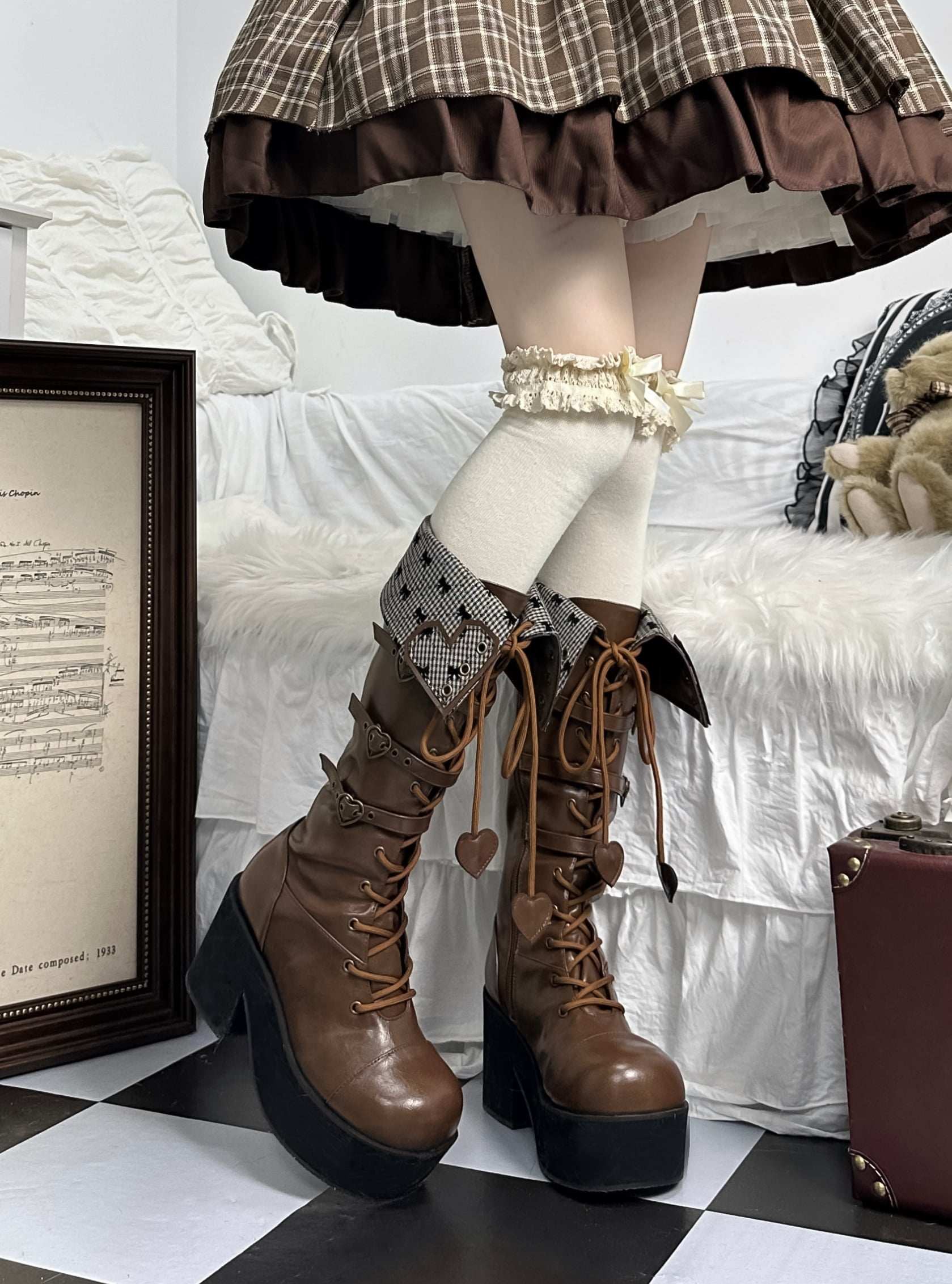 Обувь 定金|焦糖可可二团|白茶入梦原创蝴蝶结甜美高帮靴厚底圆头中长靴