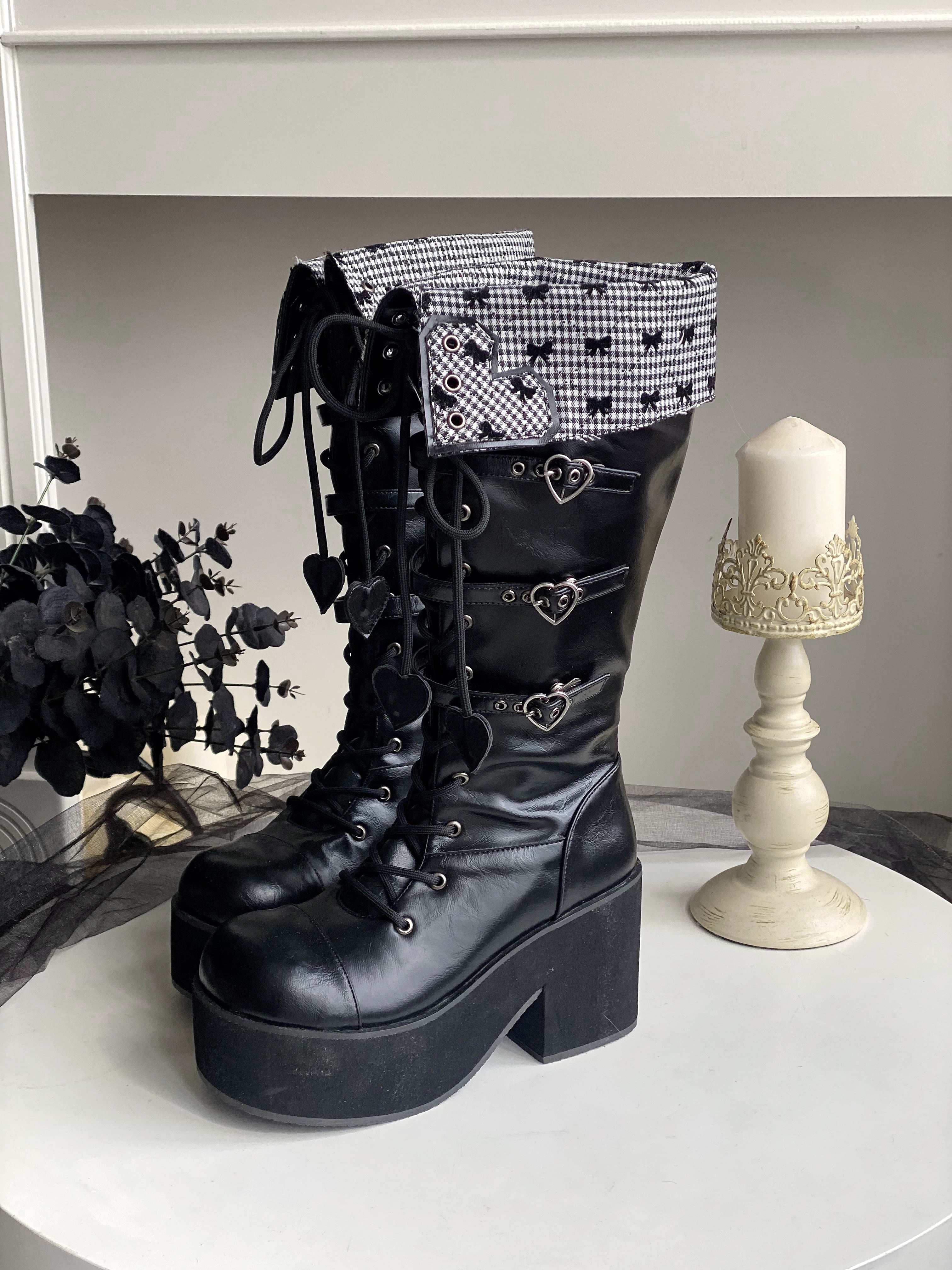 Обувь 定金|焦糖可可二团|白茶入梦原创蝴蝶结甜美高帮靴厚底圆头中长靴