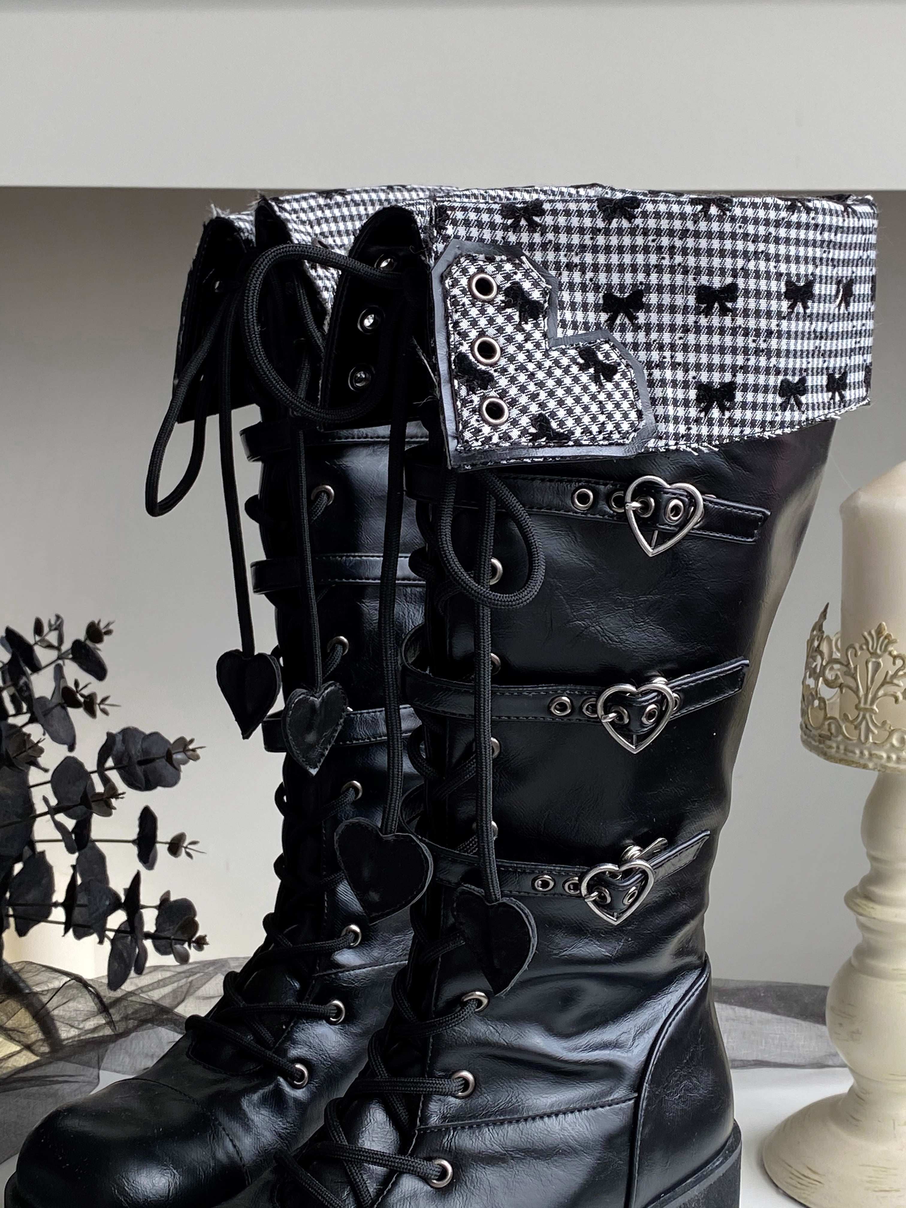 Обувь 定金|焦糖可可二团|白茶入梦原创蝴蝶结甜美高帮靴厚底圆头中长靴