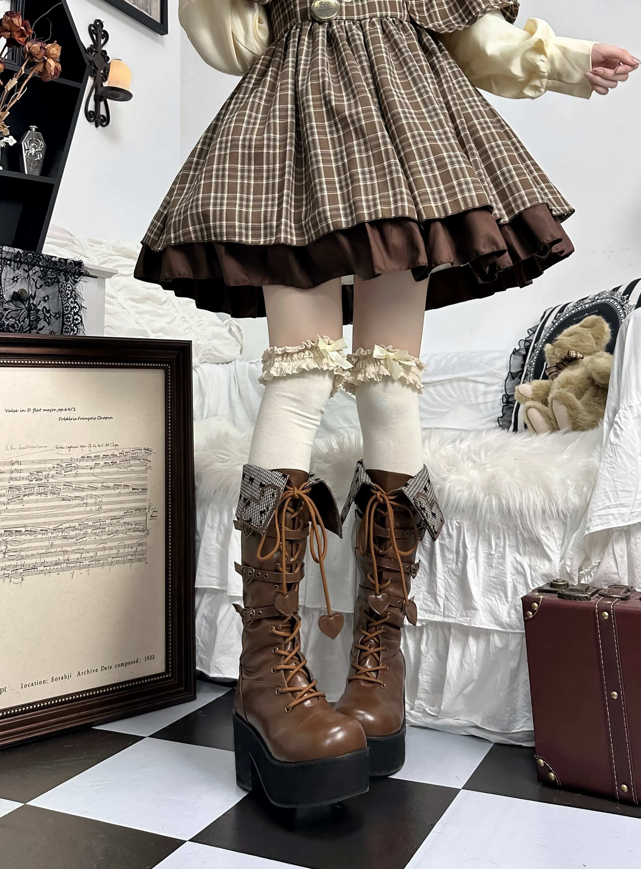 Обувь 定金|焦糖可可二团|白茶入梦原创蝴蝶结甜美高帮靴厚底圆头中长靴