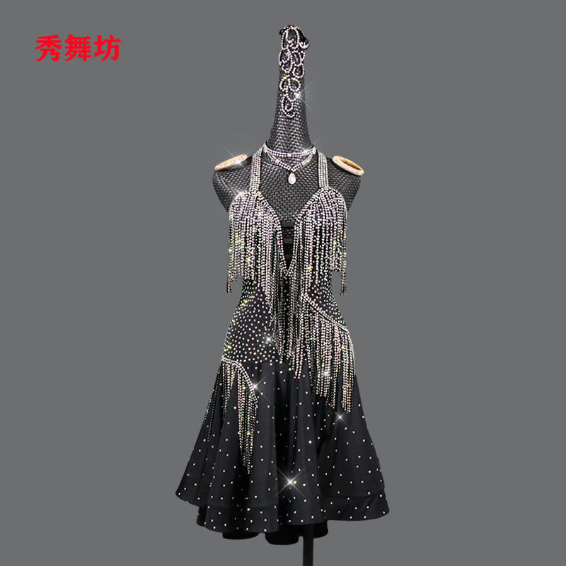 2023 new Latin dance competition Performance Costume Women Adult Black Shindrill Professional Upscale Sexy Streaming Sudance Dress-Taobao