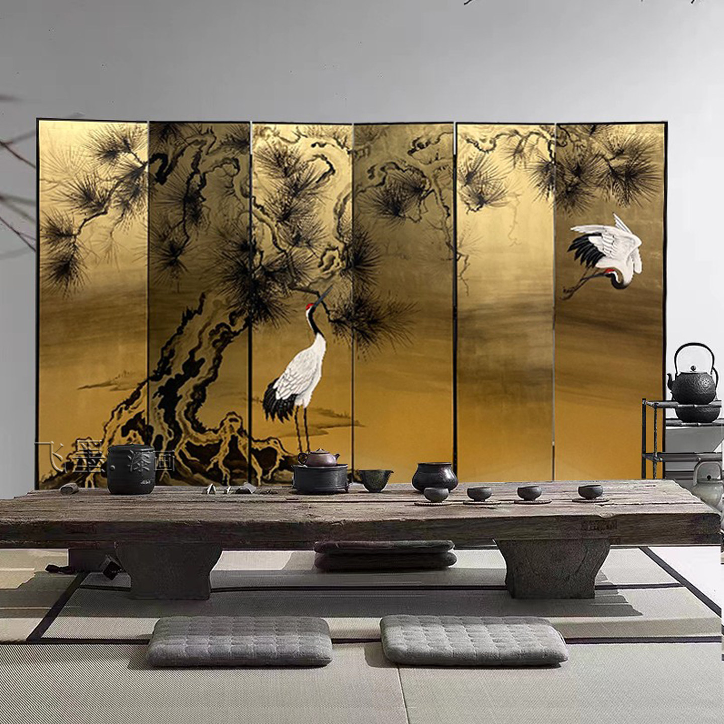 可定制手绘日式金箔古松鹤中古屏风漆画客厅折屏隔断古典茶室背景-淘宝