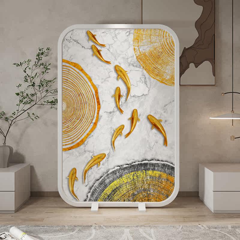 Nordic screen partition living room entrance bedroom mobile light luxury nine fish lucky fortune modern simple cover solid wood seat screen