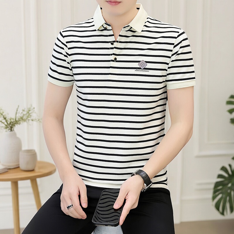 2026 Summer New Black and White Striped Polo Shirt T-Shirt Men's Casual Fashion Versatile Lapel Short-Sleeved Top 2026 Summer New Black and White Striped Polo Shirt T-Shirt Men's Casual Fashion Versatile Lapel Short-Sleeved Top