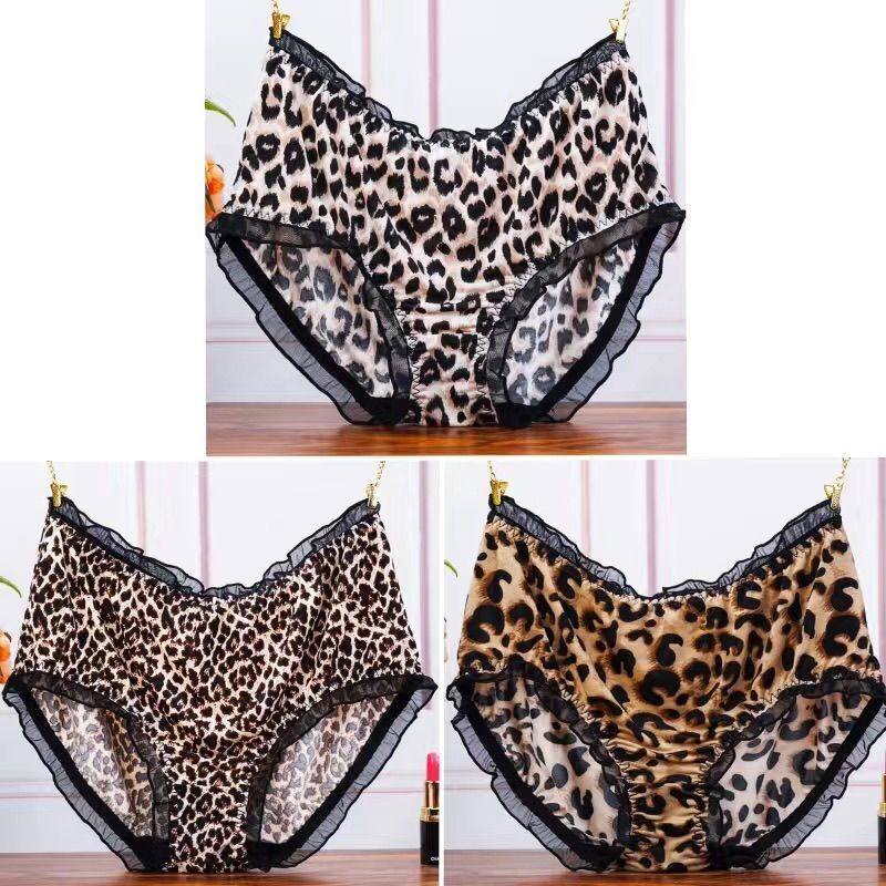 Women's Underwear, Internet Celebrity Style, Mid-High Waist, Lace Trim, Elastic, Plus Size, Leopard Print, Popular Style