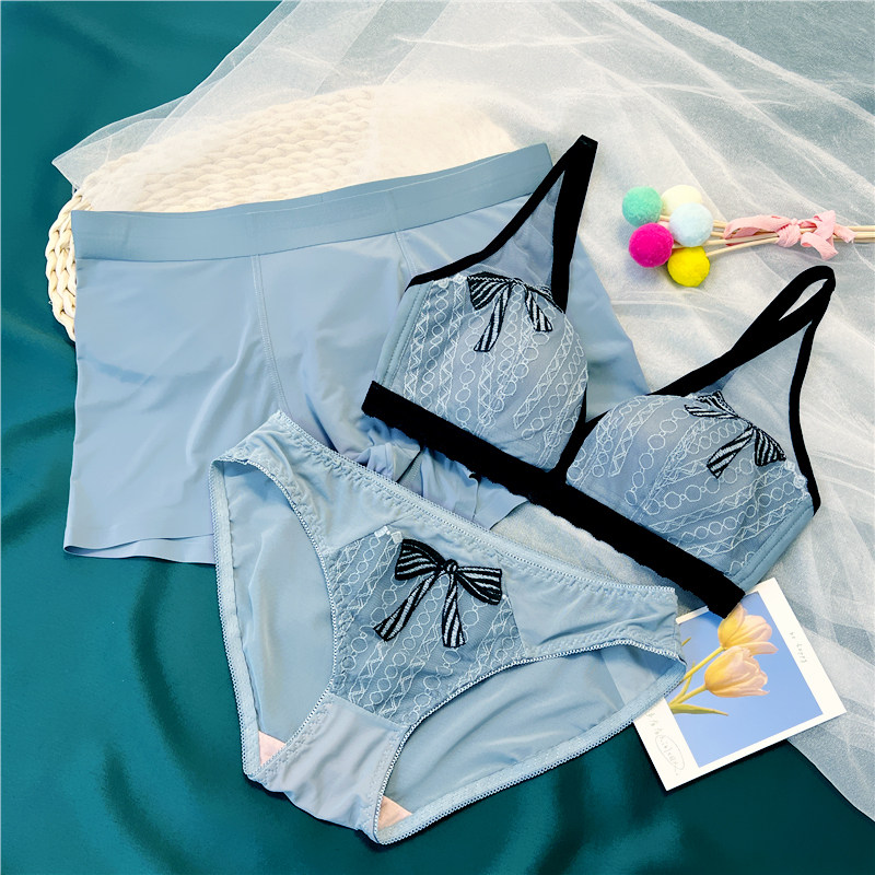 All beauty ice silk no steel ring couple underwear three-piece set with bra couple underwear men and women couples suit